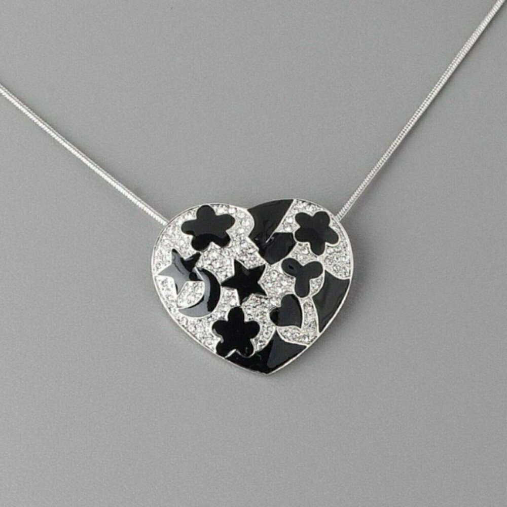 Black Enamel Pave Austrian Crystal Heart Pendant Silver Snake Chain Necklace